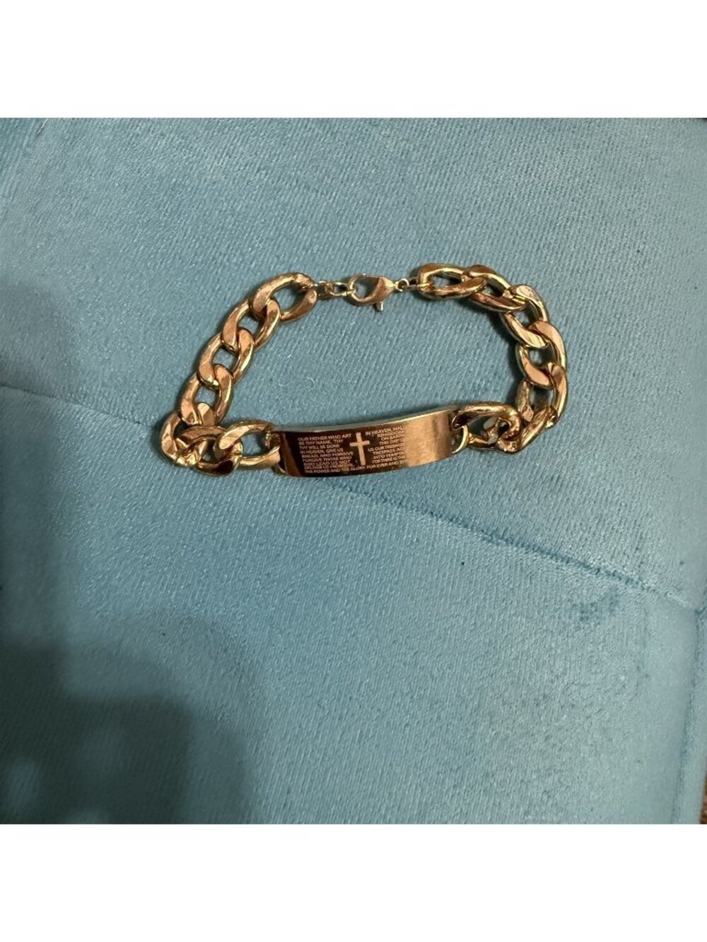 Men's Bible Lords Prayer Cross Gold Tone Chain Link Bracelet